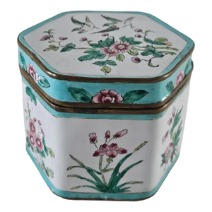 Antique Chinese Canton Enamel Copper Hexagon Box Famille Rose Birds & Flowers Qing Era 4"