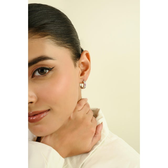 Chunky 14k White Gold Pink Sapphire & Diamond Statement Hoop Earrings- 2 Pieces For Sale - Image 4 of 11