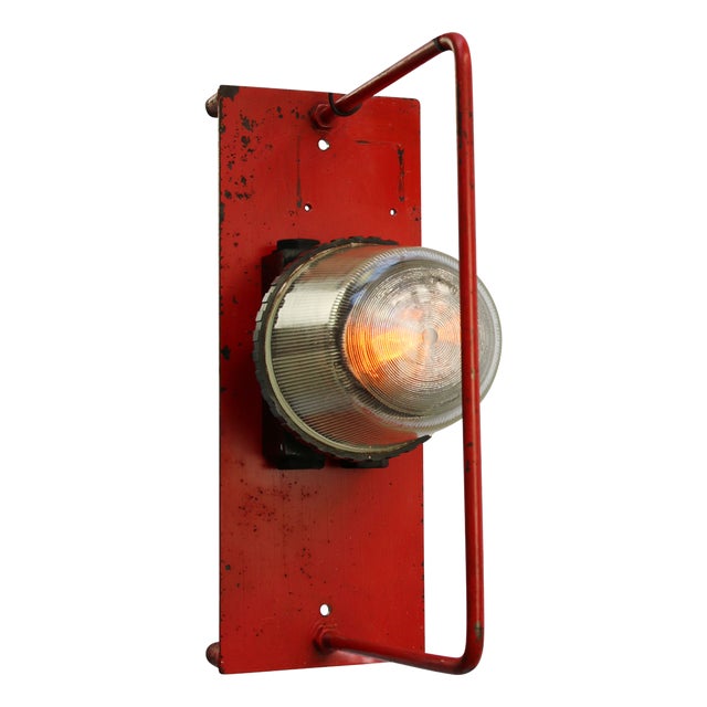 Vintage Industrial Reeded Glass and Red Metal Wall Light For Sale