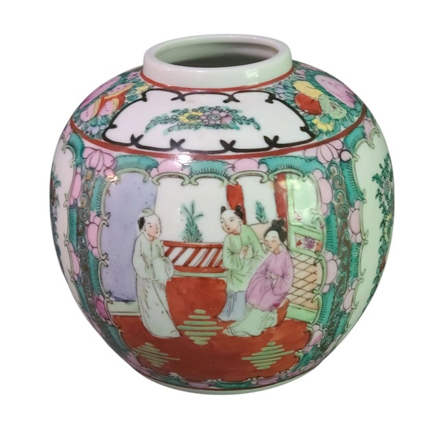 Vintage Asian Chinoiserie Famille Rose Hand Painted Colorful Figural Floral Vase For Sale - Image 9 of 9