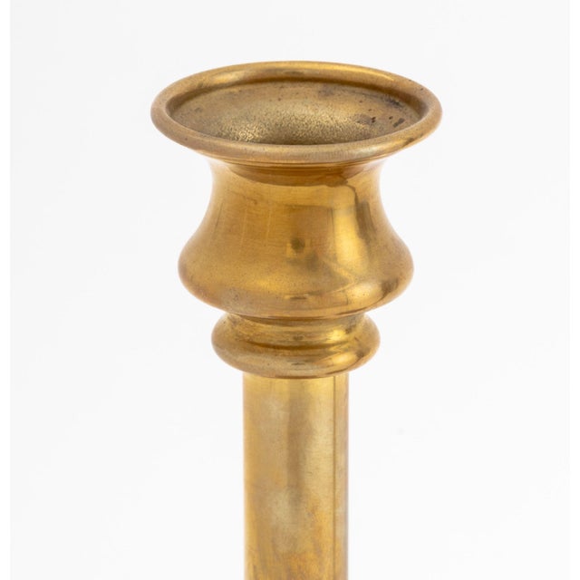 Pair of Arts and Crafts Brass Candlesticks, in the manner of Robert Riddle Jarvie. 9.5" H x 4" Diameter. Provenance: From...