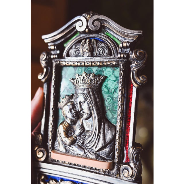 Gemstone Antique Italian 800 Silver Madonna & Child Icon with Malachite Mosaic Enamel For Sale - Image 7 of 11