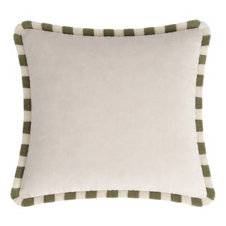 Bicolor White Velvet Cushion with Green and White Fringes by Lo Decor For Sale