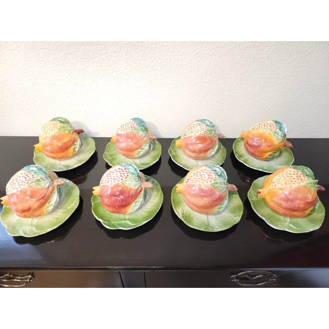 Vietri Final Clearance Pomegranate Tureens With Leaf Plates Trompe l'Oeil Majolica Serving Set for 8 Late 20th Century - Rare Set For Sale - Image 17 of 17