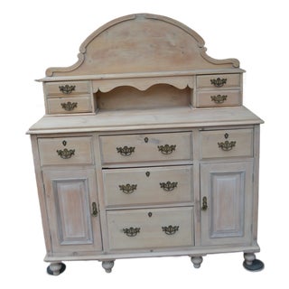 Vintage Washed Rustic Pine Sideboard Credenza / Dresser W/ Arched Top & Drawers For Sale