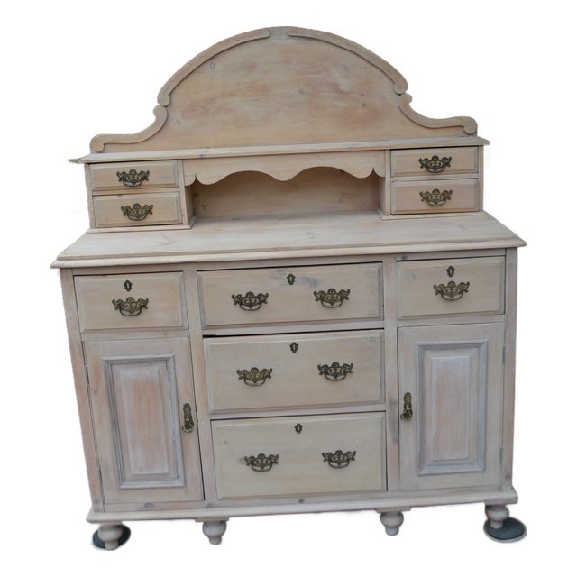 Vintage Washed Rustic Pine Sideboard Credenza / Dresser W/ Arched Top & Drawers For Sale