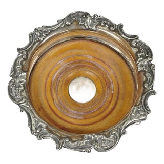 Vintage English Victorian Silver Plated Floral Repousse Bar Wine Bottle Coaster For Sale