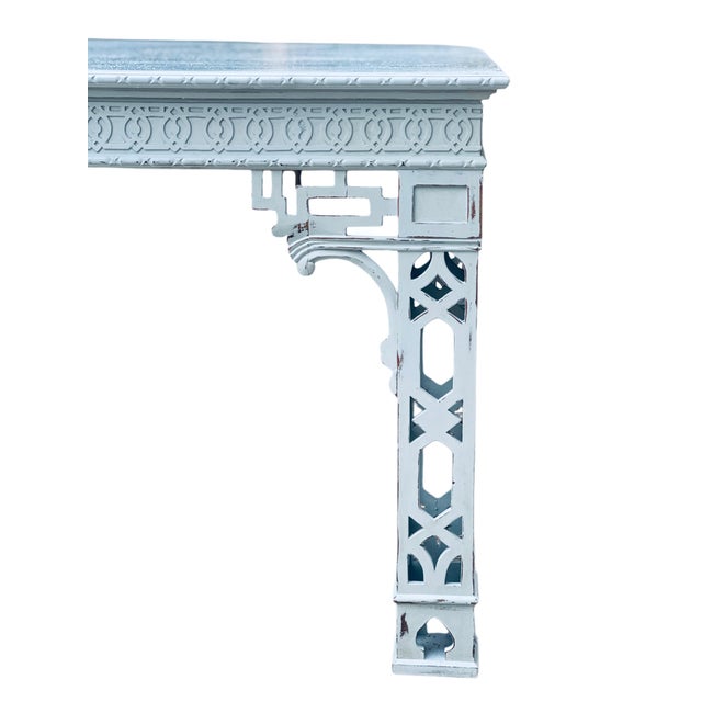 Wood 1960s Chinese Chippendale Table Lattice Legs Painted Pale Blue For Sale - Image 7 of 11