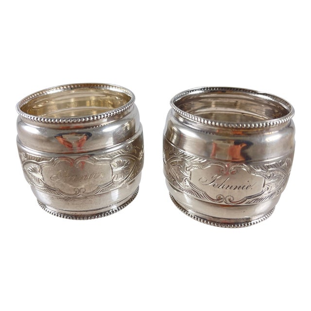 19th C. Sterling Silver Bright Cut Napkin Rings, a Pair For Sale