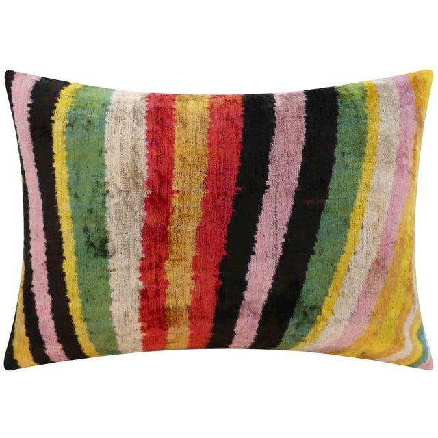 Mid-Century Modern Handmade Multicolored Striped Silk Velvet Throw Pillow With Down Feather Insert For Sale - Image 3 of 10