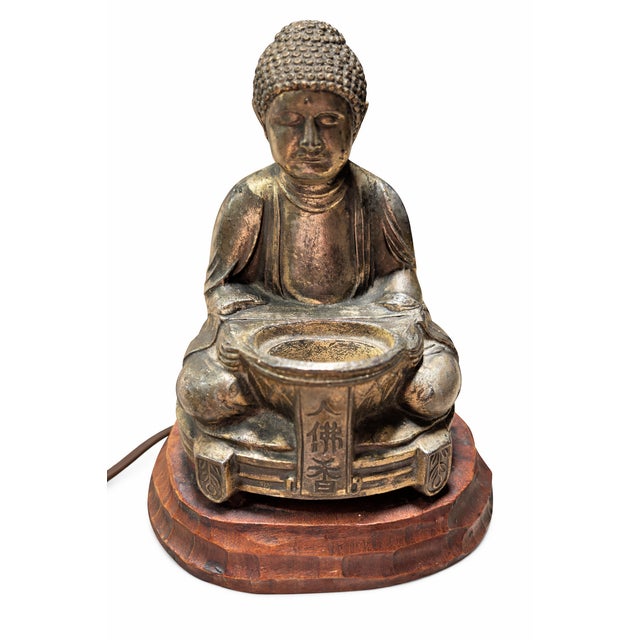 1950s Japanese Buddha Table Lamp With Offering Bowl, Original Parchment Shade & Leviton Switch For Sale - Image 9 of 14