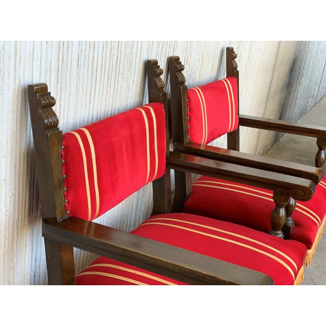 Red 19th Set of Six Spanish Low Armchairs in Carved Walnut and Red Velvet Upholstery For Sale - Image 8 of 12