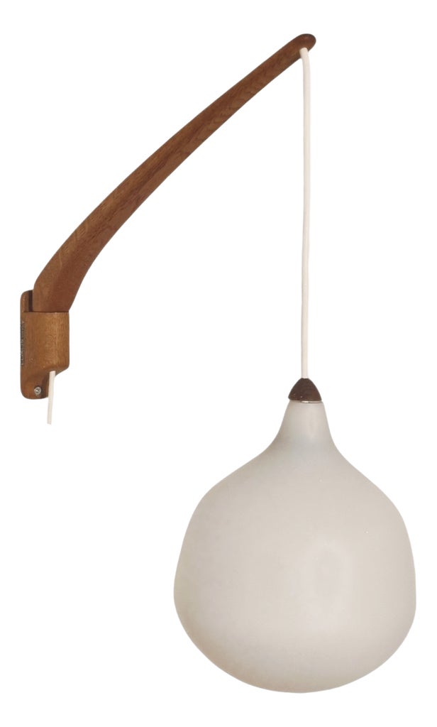 Teak and Opaline Glass Wall Lamp by Uno & Östen Kristiansson for Luxus, Sweden, 1960s