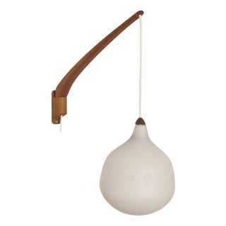 Teak and Opaline Glass Wall Lamp by Uno & Östen Kristiansson for Luxus, Sweden, 1960s For Sale