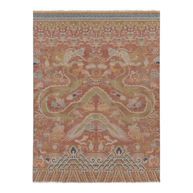 Rug & Kilim’s Distressed Dragon Rug, Rust and Gold With Dramatic Pictorials For Sale