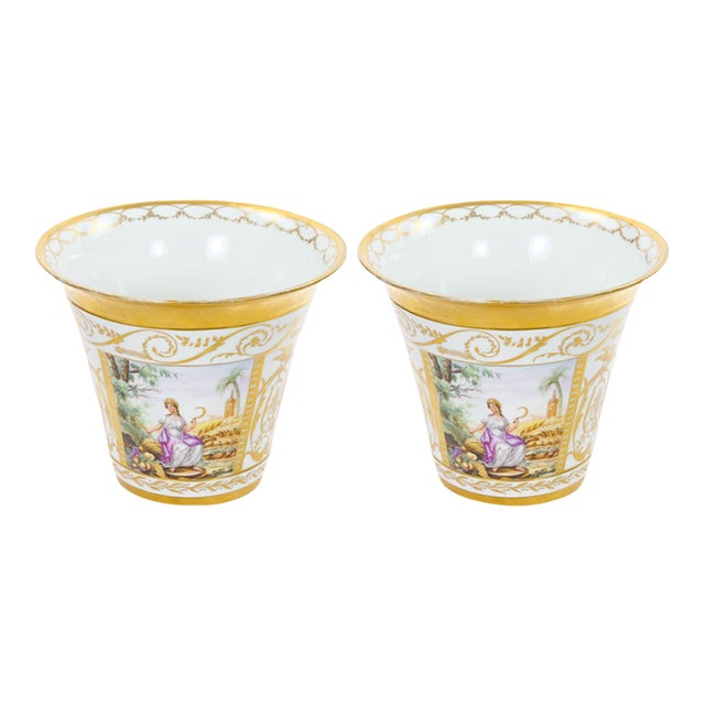 19th Century Hand-Painted Paris Porcelain Cachepots With Gilt Details For Sale