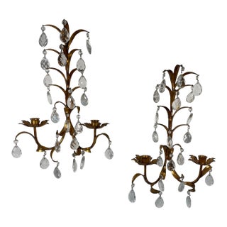 Vintage Mid Century 19" Italian Gilded Tole and Crystals Candle Sconces - A Pair For Sale