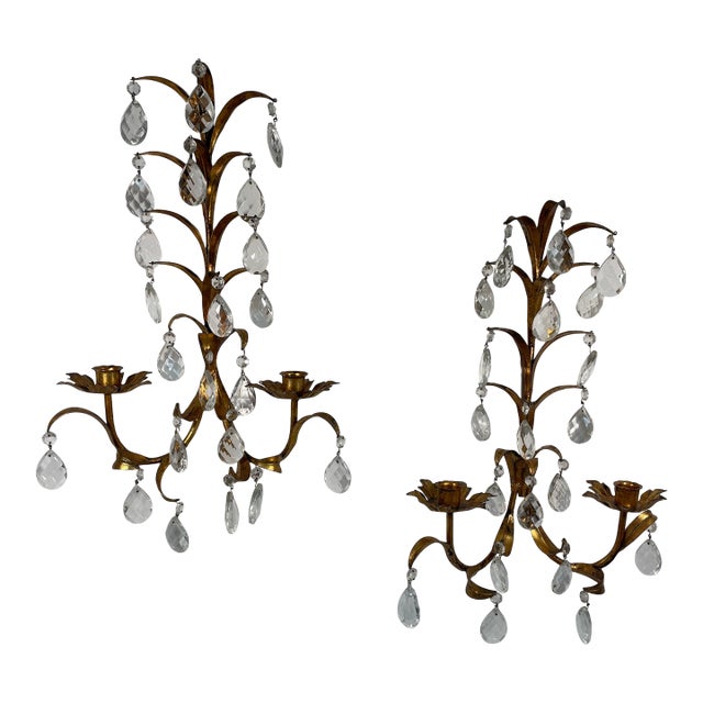 Vintage Mid Century 19" Italian Gilded Tole and Crystals Candle Sconces - A Pair For Sale