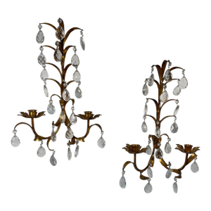 Vintage Mid Century 19" Italian Gilded Tole and Crystals Candle Sconces - A Pair
