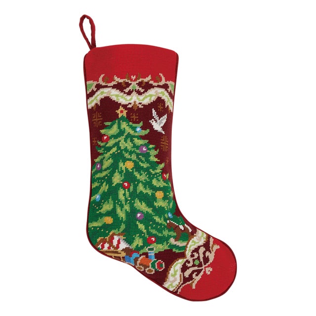 Christmas Tree Embroidered Needlepoint Stocking For Sale