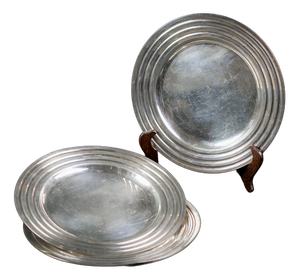 Art Deco Ocean Liner Normandie Presentation Plates in Silver-Plated Metal with Ondulations Pattern by Luc Lanel for Christofle, France, 1933