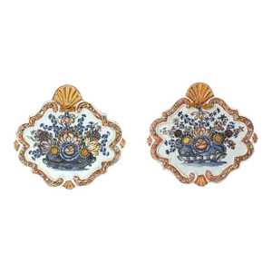 Dutch Delft Polychrome Plaques With Flower Baskets