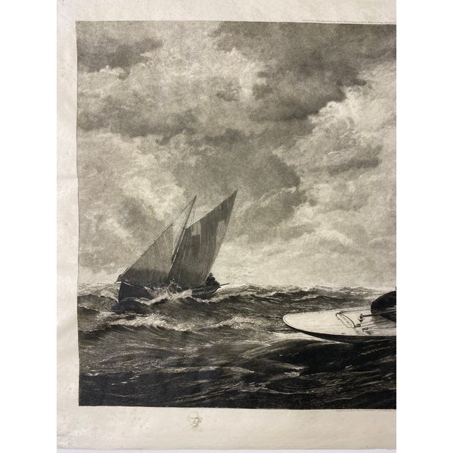 Antique Nautical Seascape Circa 1919 Maritime Engraving Print, Sailboats in Rough Seas For Sale - Image 4 of 10