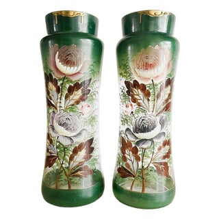 Antique Victorian Art Nouveau Gilded Gold Hand-Painted Flowers Green Glass Vases, 1900s, Set of 2 For Sale