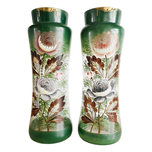 Antique Victorian Art Nouveau Gilded Gold Hand-Painted Flowers Green Glass Vases, 1900s, Set of 2 For Sale