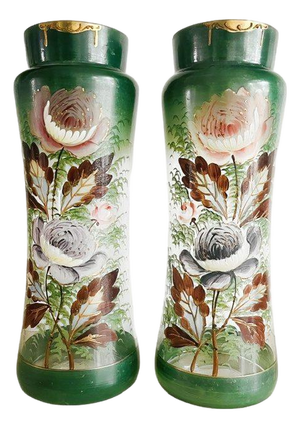 Antique Victorian Art Nouveau Gilded Gold Hand-Painted Flowers Green Glass Vases, 1900s, Set of 2