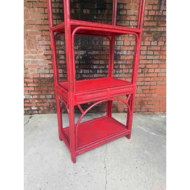 Ficks Reed Vintage Rattan Etagere Bookcase in Vermillion Red Faux Tortoise Shell Finish - Newly Painted For Sale - Image 4 of 12