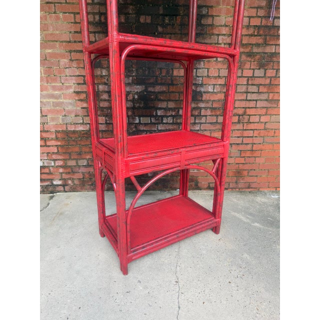 Ficks Reed Vintage Rattan Etagere Bookcase in Vermillion Red With Faux Tortoise Shell Finish - Newly Painted For Sale - Image 4 of 12