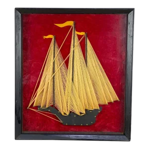 Mid-Century Nautical Galleon Sailboat Clipper Ship String Art Shadowbox Wall Hanging - 3x3