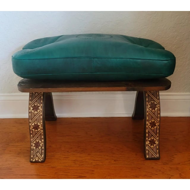 Wood Handcrafted Moroccan Camel Saddle, Genuine Leather Cushion Stool / Emerald Green For Sale - Image 7 of 10