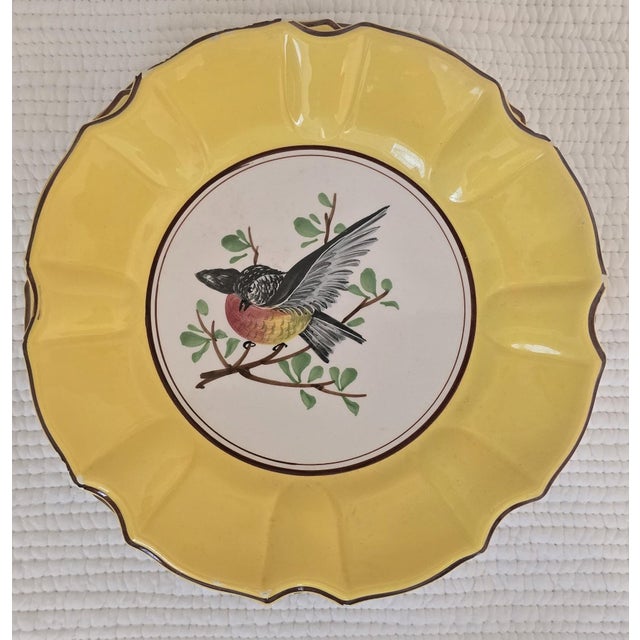 Set of Six Italian Hand-Painted Bird Motif Yellow Faience Plates For Sale - Image 4 of 13