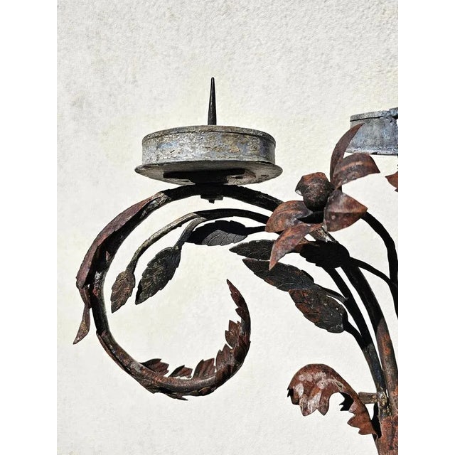 Antique Baroque Wrought Iron 3-Arm Candelabra with Fresco of Saint Joseph For Sale - Image 5 of 13