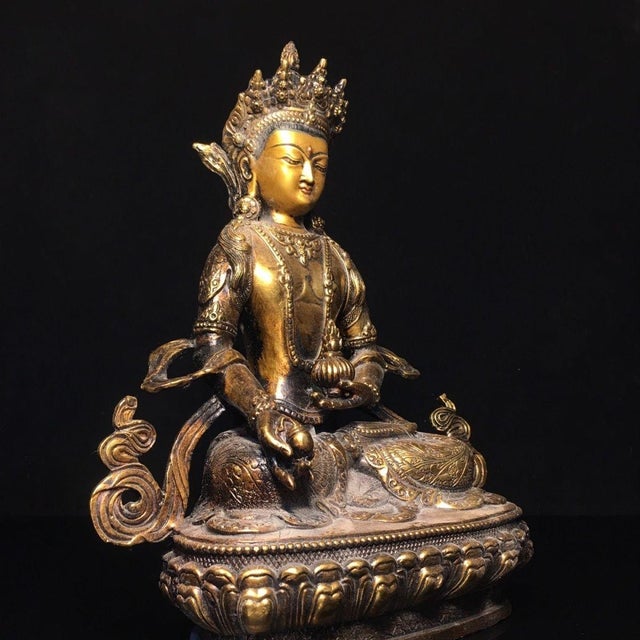 This is a finely cast vintage gilt-bronze statue of Ksitigarbha (also known as Earth Store Bodhisattva), a revered figure...