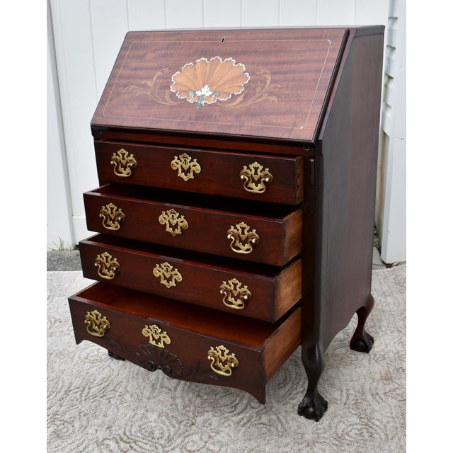 Brown Antique Carved & Inlaid Mahogany French Style Ladies Slant Front Desk For Sale - Image 8 of 12