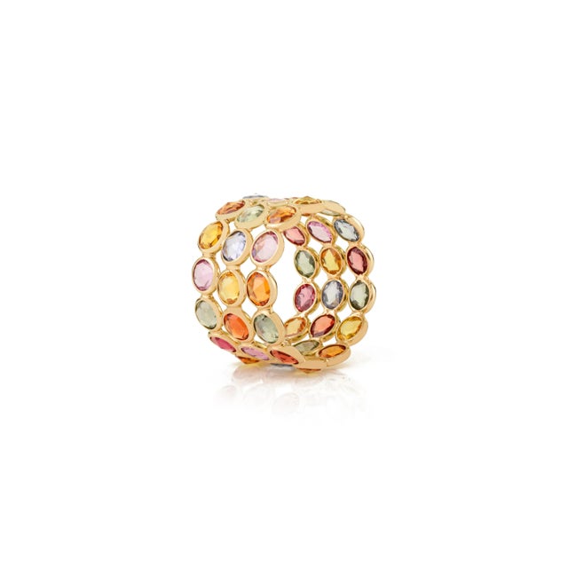 Modern 14k Gold Triple Layer Rainbow Multi Sapphire Eternity Ring Size 5 For Sale - Image 3 of 10