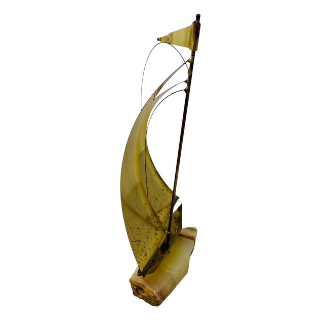 1970s Mid-Century Modern Brutalist Brass Sailboat Sculpture on Onyx Base by Yosi - 13" For Sale In Tampa - Image 6 of 13