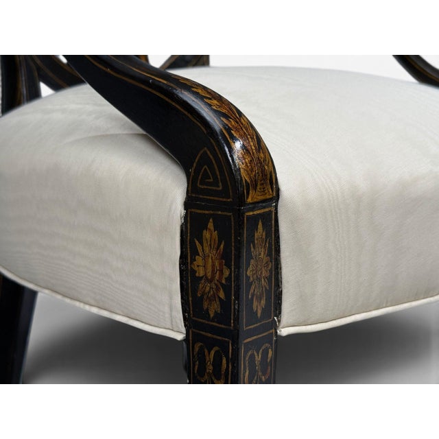 Neoclassical, Prince of Wales Armchairs, Ebonized Wood, Gilt, Silk, Usa, 19th C. For Sale - Image 12 of 18