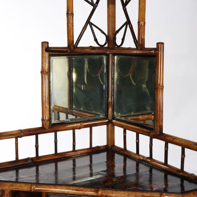 Brown Antique Asian Bamboo Corner Etagere With Floral Leather Tooling & Mirror C1890 For Sale - Image 8 of 16