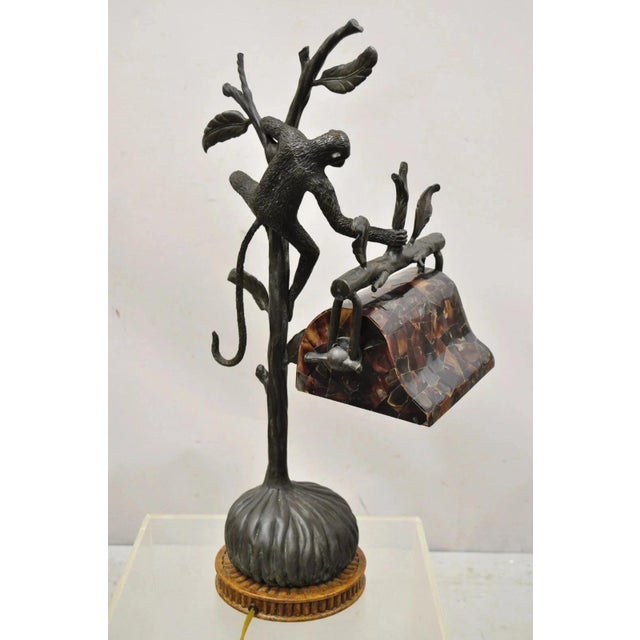 Late 20th Century Maitland Smith Figural Bronze Monkey Desk Table Lamp Adjustable Pen Shell Shade For Sale - Image 10 of 12