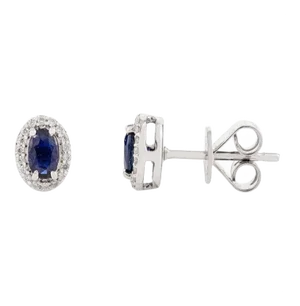Dainty Blue Sapphire Stud Earrings With Diamond Around in 18k- a Pair