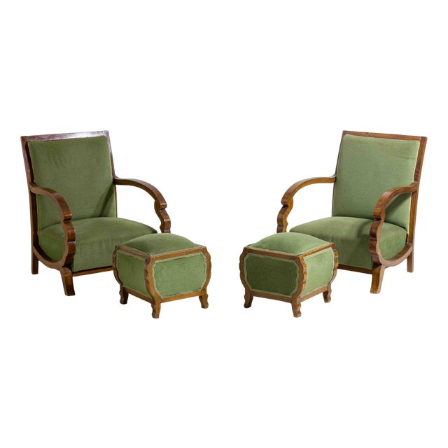 Art Deco Curved Lounge Chairs and Ottomans, Italy, 1930s, Set of 4 For Sale