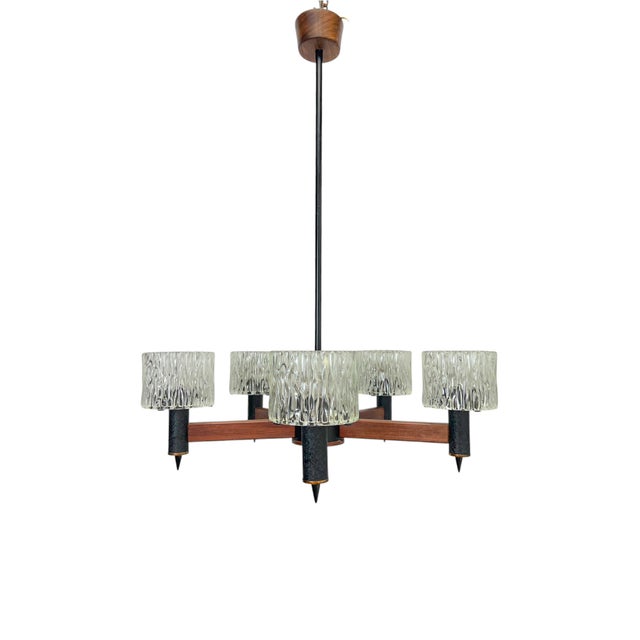 Teak and Textured Glass Chandelier by Carl Fagerlund for Orrefors, 1960s For Sale - Image 13 of 16