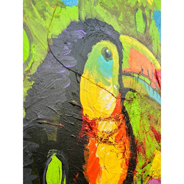 Vibrant Modern Toucan and Butterfly Oil Painting Signed For Sale - Image 4 of 8