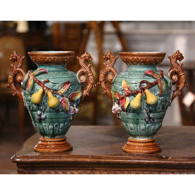 Pair of 19th Century French Hand Painted Barbotine Vases With Fruit Motifs For Sale In Dallas - Image 6 of 11
