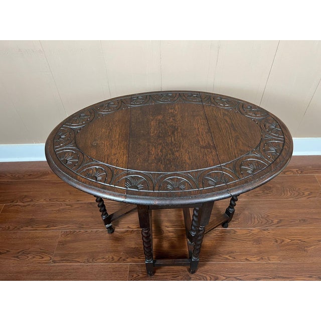 Petite Antique English Side Sofa Table Barley Twist Drop Leaf Gateleg Carved Oak For Sale - Image 13 of 18