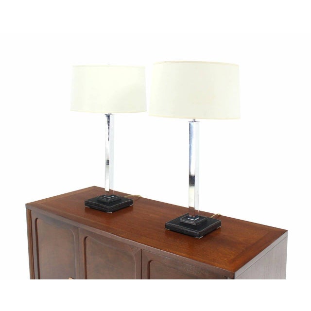 White Pair of Chrome Stitched Square Leather Bases Modern Table Lamps by Nessen MINT For Sale - Image 8 of 8